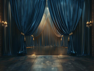 luxurious blue stage backdrop velvet curtains spotlight elegant event ambience golden accents theatre venue photography dark moody classic decor performance artistic atmosphere empty copy banner

