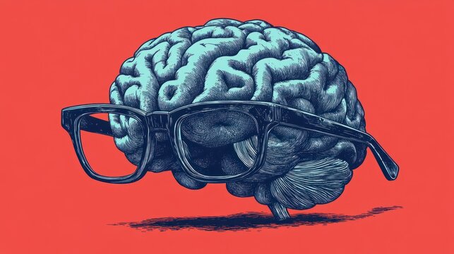 Monochrome blue retro pop art engraving human brain with eye glasses vector illustration in side view isolated on red background AI generated