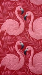 A red and pink background with three flamingos on it