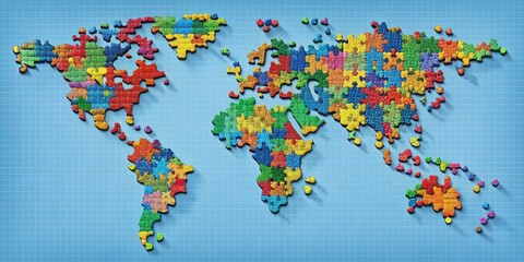 Fototapeta premium of puzzle pieces forming a world map, ,puzzle, pieces, world map, geography, planet, progress, completion, cartography