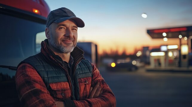 Portrait of a male truck driver at a gas station. A group of drivers relaxing outdoors. Walking concept.