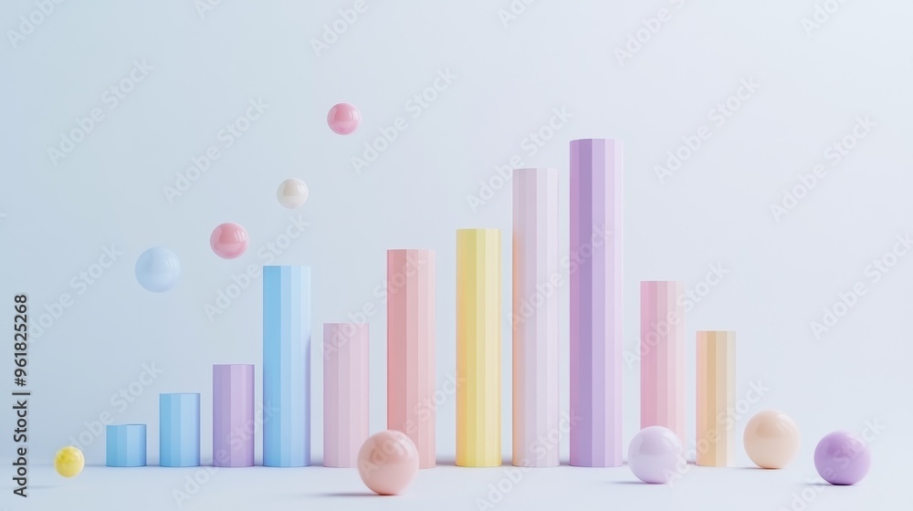 Poster minimalist 3d bar graph in pastel colors, floating on a white background, showing simple and clean d