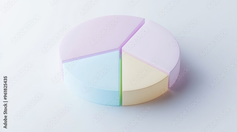 Poster minimalist 3d pie chart with smooth, pastel-colored segments, floating in a clean white space. clear