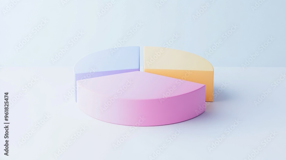 Poster minimalist 3d pie chart with smooth, pastel-colored segments, floating in a clean white space. clear