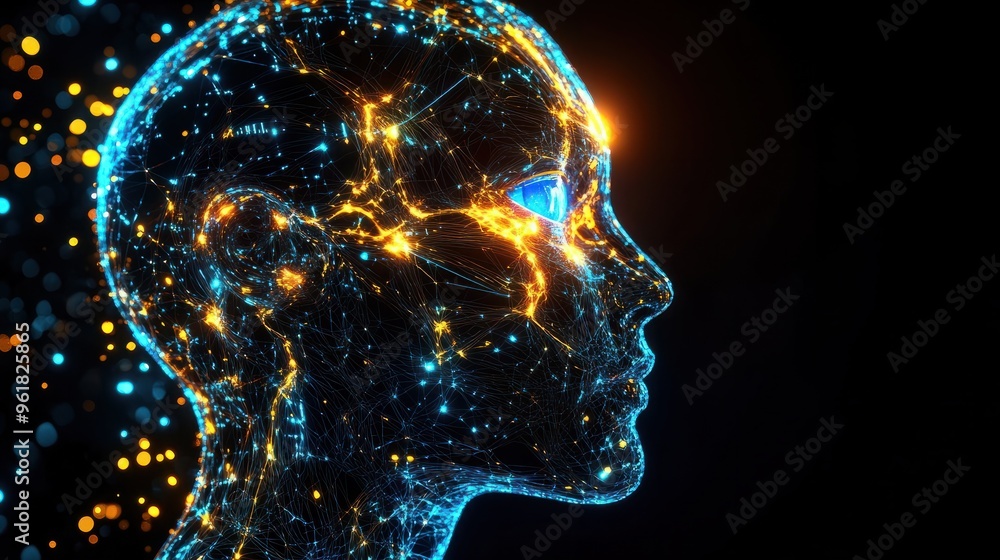 Poster side view of a humanoid head with blue and yellow eyes and vibrant neon neural network, representing