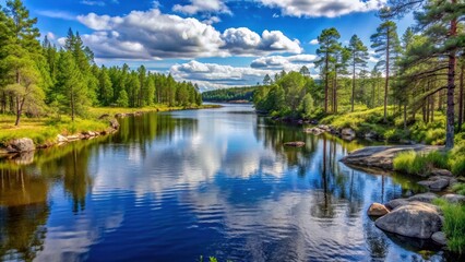 Obraz premium Scenic view of a tranquil river landscape in Fjarnebofjarden national park, Sweden, river, landscape, scenic