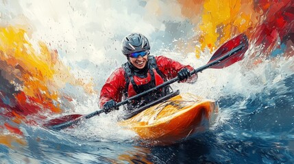 A thrill-seeking kayaker navigates rough waters with a joyful expression on a bright day