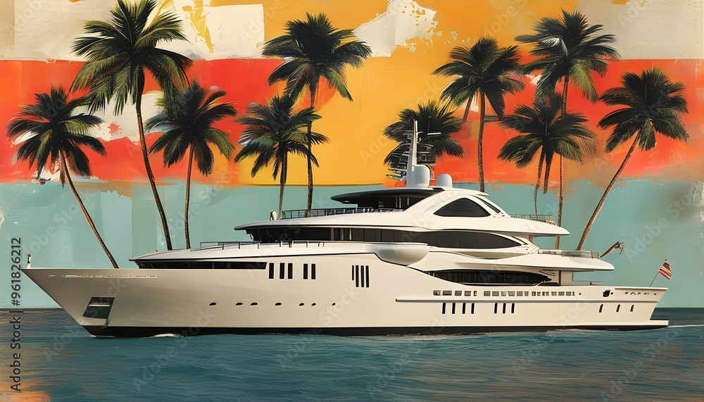 Wall mural luxury yacht collage with abstract palm trees in retro aesthetics for summer travel inspiration