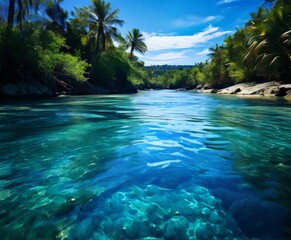 river with clear water and palm trees