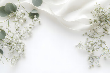 Feminine Wedding Desktop Mockup: Baby's Breath, Eucalyptus, Satin Ribbon on White Background"