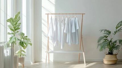 Minimalist clothes drying rack with fresh laundry, positioned in a clean and stylish indoor setting with a focus on simplicity and functionality.
