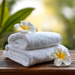  Stack of white towels with a frangipani flower on a wooden table, symbolizing spa relaxatio_1(825)