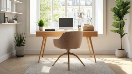 Minimalist home office desk with a wooden surface, a comfortable chair, and organized stationery, set in a bright, contemporary room