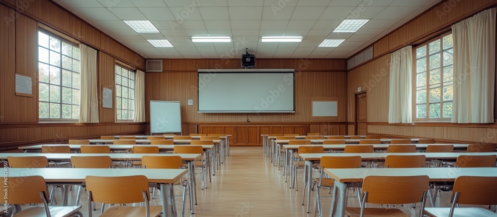 Poster empty classroom with rows of desks
