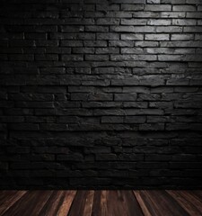 dark brick wall with wood floor and lighting