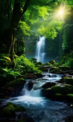 waterfall in the forest with bright light shining through it