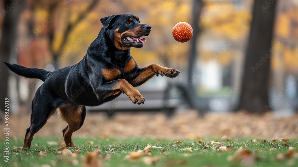 Poster A Rottweiler leaps to catch a ball in a park surrounded by autumn leaves.