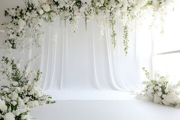 "Clean Wedding Backdrop: Aesthetic Flower Decoration on White Minimalist Studio Background"