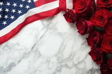 Folded American Flag and Crimson Roses on Marble