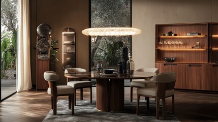 Modern Dining Room with Round Wooden Table and Chandelier