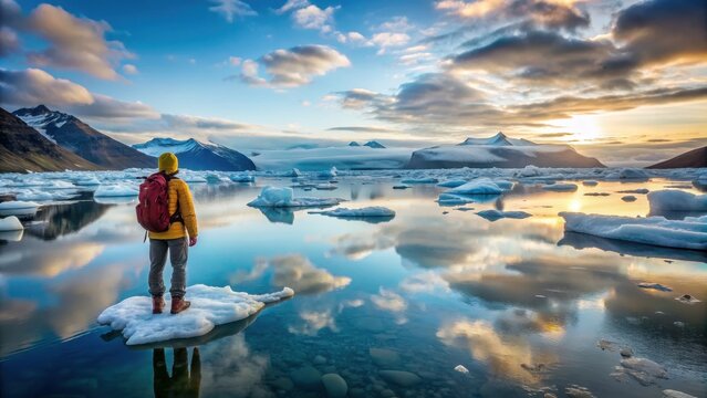 Explorer captivated by the serene beauty of icy waters, explorer, serene, beauty, icy, waters, gazing, calm, peaceful