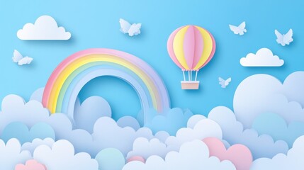 Colorful paper cut sky with hot air balloon,clouds and rainbow landscape background. AI generated