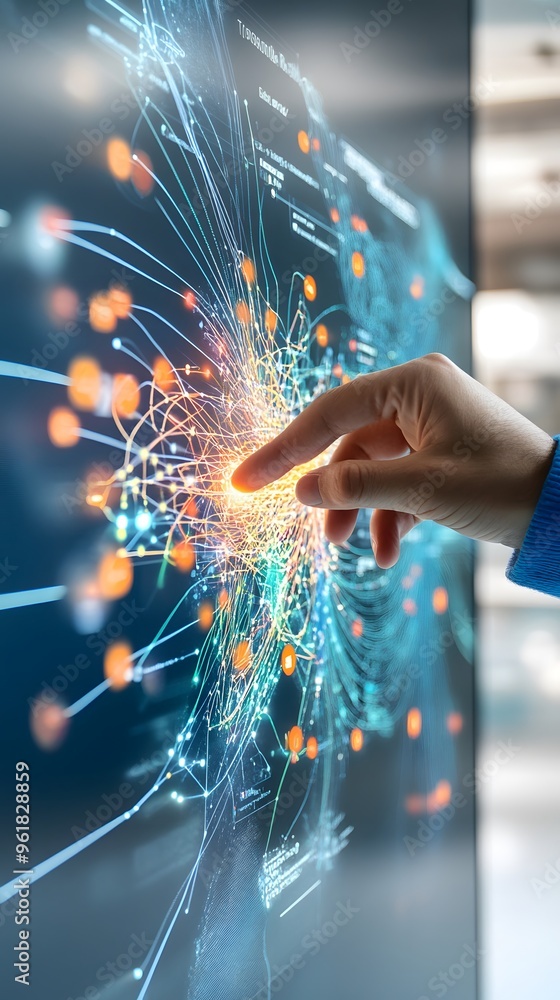 Aufkleber hand interacting with a digital network visualization.