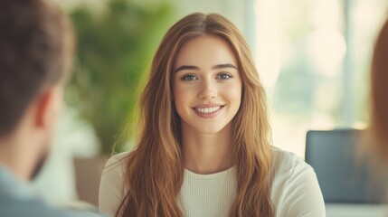 Fototapeta premium A smiling young woman in a bright office environment, conveying positivity and confidence during a discussion.