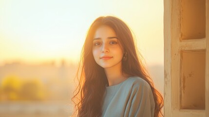 Fototapeta premium A young woman stands by a window, basking in the warm glow of a sunset, radiating beauty and tranquility.