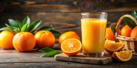 Freshly squeezed orange juice in a clear glass with a background of citrus fruits, citrus, healthy, drink