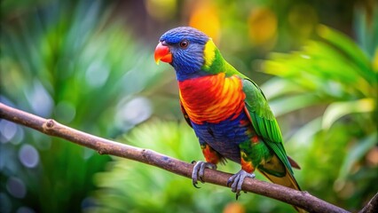 Naklejka premium Colorful rainbow lorikeet parrot perched on a branch , bird, parrot, rainbow, lorikeet, colorful, tropical, feathers, wildlife
