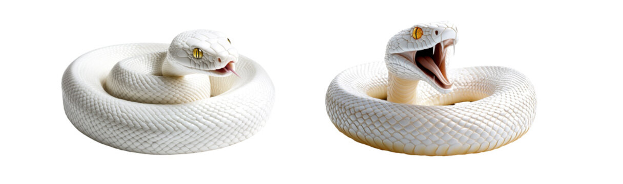 Two white snakes with one of them having its mouth open.