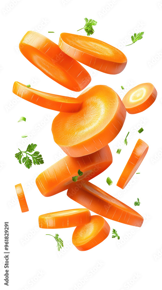 Wall mural sliced carrot pieces floating with herbs