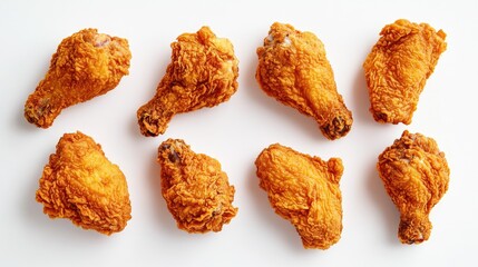 Multiple pieces of fried chicken in a crispy coating arranged on a white background, capturing their delicious texture and color.
