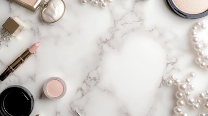 Marble makeup table, top-down angle, with pearls and cosmetics, with white space in the middle