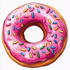Colorful pink icing donut cartoon. Nice pink frosting donut with sprinkles clipart