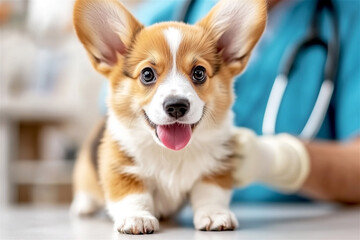 Happy corgi puppy is lying down on the veterinary examination table getting a check up by a veterinarian