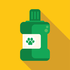 Green plastic bottle with paw print label for pet shampoo casting a long shadow over a yellow background