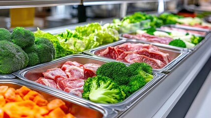A buffet of different types of meat and vegetables in trays, AI
