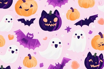 Fototapeta premium Seamless pattern with cute halloween ghosts, bats and pumpkins smiling and celebrating