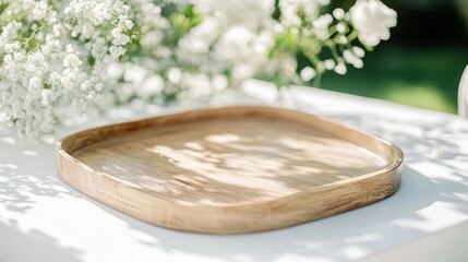 wooden tray on white table with delicate sunlit flowers, summer wedding
