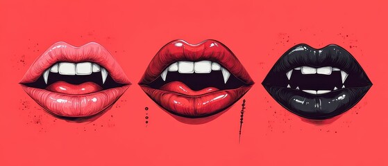 Fototapeta premium Three pairs of vampire lips showing fangs with different lipstick colors
