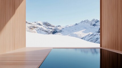 Modern minimalist interior with pool overlooking snow-covered mountains symbolizing luxury and relaxation.