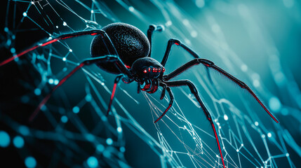 Black widow spider build web on blurry digital technology background. Concept of virus and malware.