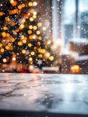 Christmas themed background with a marble table and a warm living room decor featuring a Christmas tree and string lights, creating a blurred bokeh effect with snow. This serves as a holiday backdrop