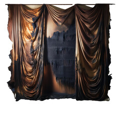 Burnt Curtain PNG - Fire Damaged Curtain with Soot-Stained Wall - Smoke Damage Background - High Resolution Transparent Image for Graphic Design and Digital Art Projects