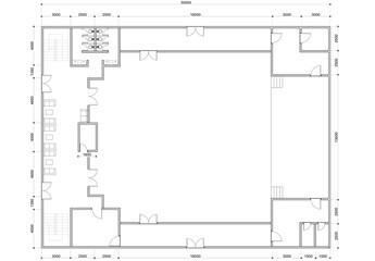 2D top view floor plan of an aula or multipurpose room with notations, for interior reference of the same building type