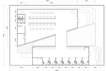 2D top view floor plan of a canteen or food court with notations, for interior reference of the same building type