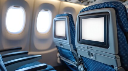 Airplane seats with blank LCD screen mockup device for entertainment to serve passenger. Generative AI