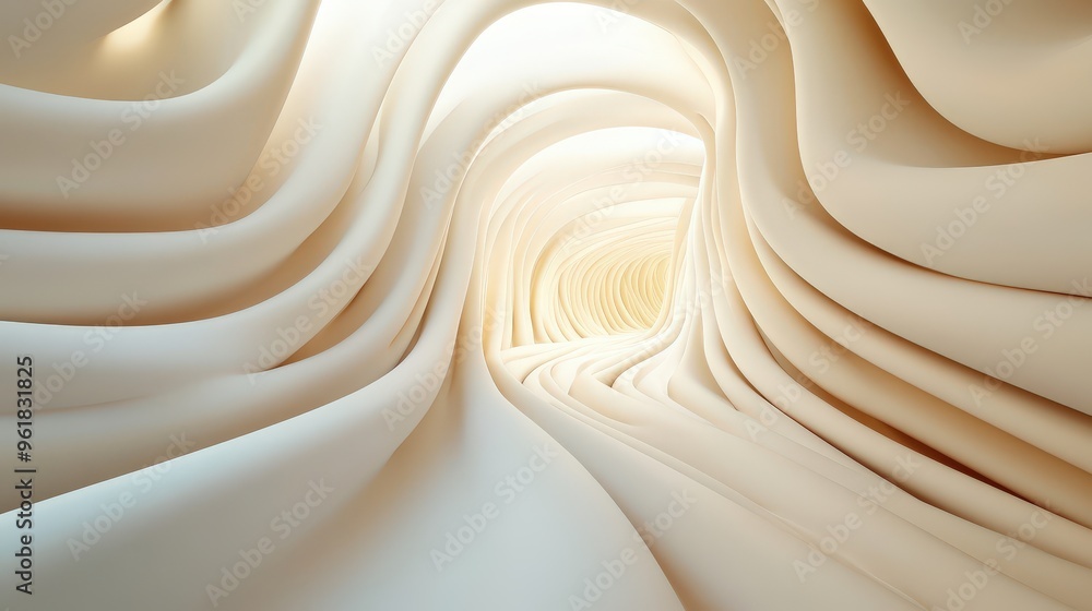 Poster exploring the serene waves of light and texture in an abstract winding tunnel formation